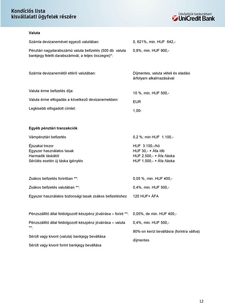 elfogadott címlet: 10 %, min. HUF 500,- EUR 1,00- Egyéb pénztári tranzakciók Vámpénztári befizetés 0,2 %; min HUF 1.