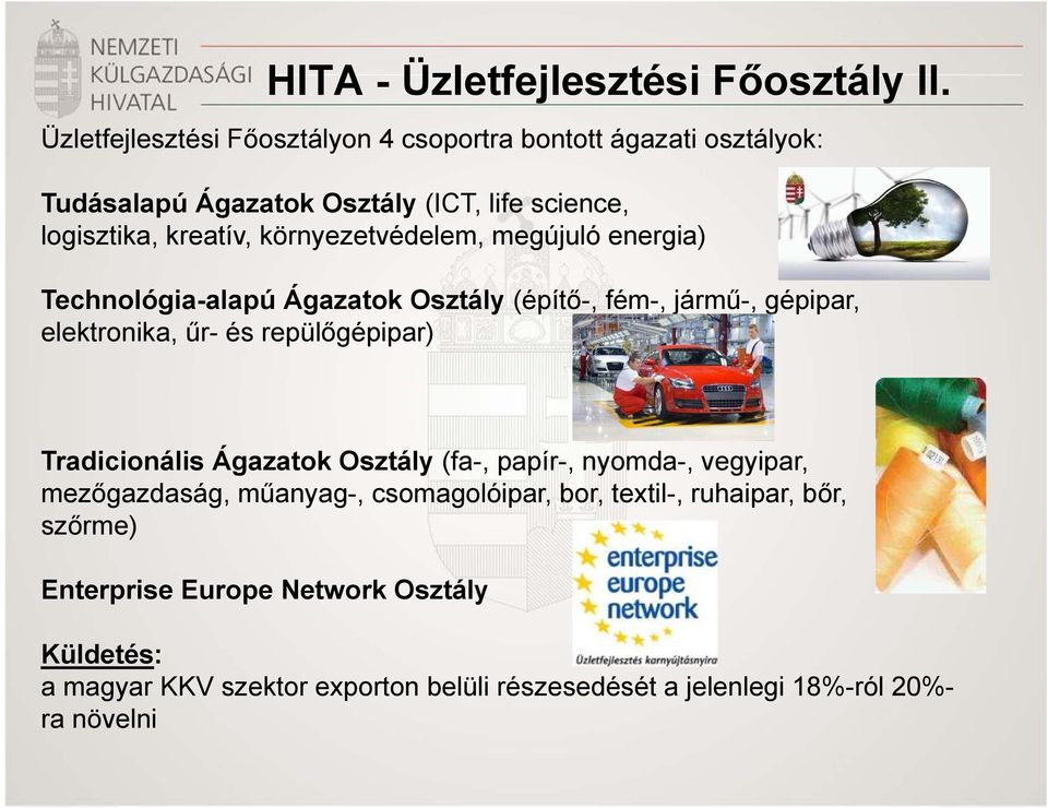 környezetvédelem, megújuló energia) Technológia-alapú Ágazatok Osztály (építő-, fém-, jármű-, gépipar, elektronika, űr- és repülőgépipar)