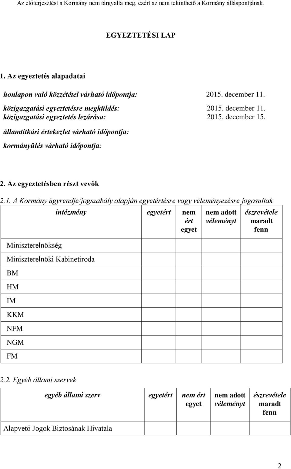 államtitkári értekezlet várható időpontja: kormányülés várható időpontja: 2. Az egyeztetésben részt vevők 2.1.
