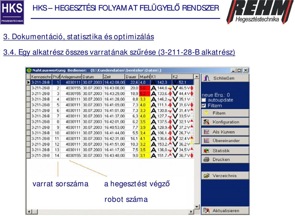 Egy alkatrész összes varratának szűrése