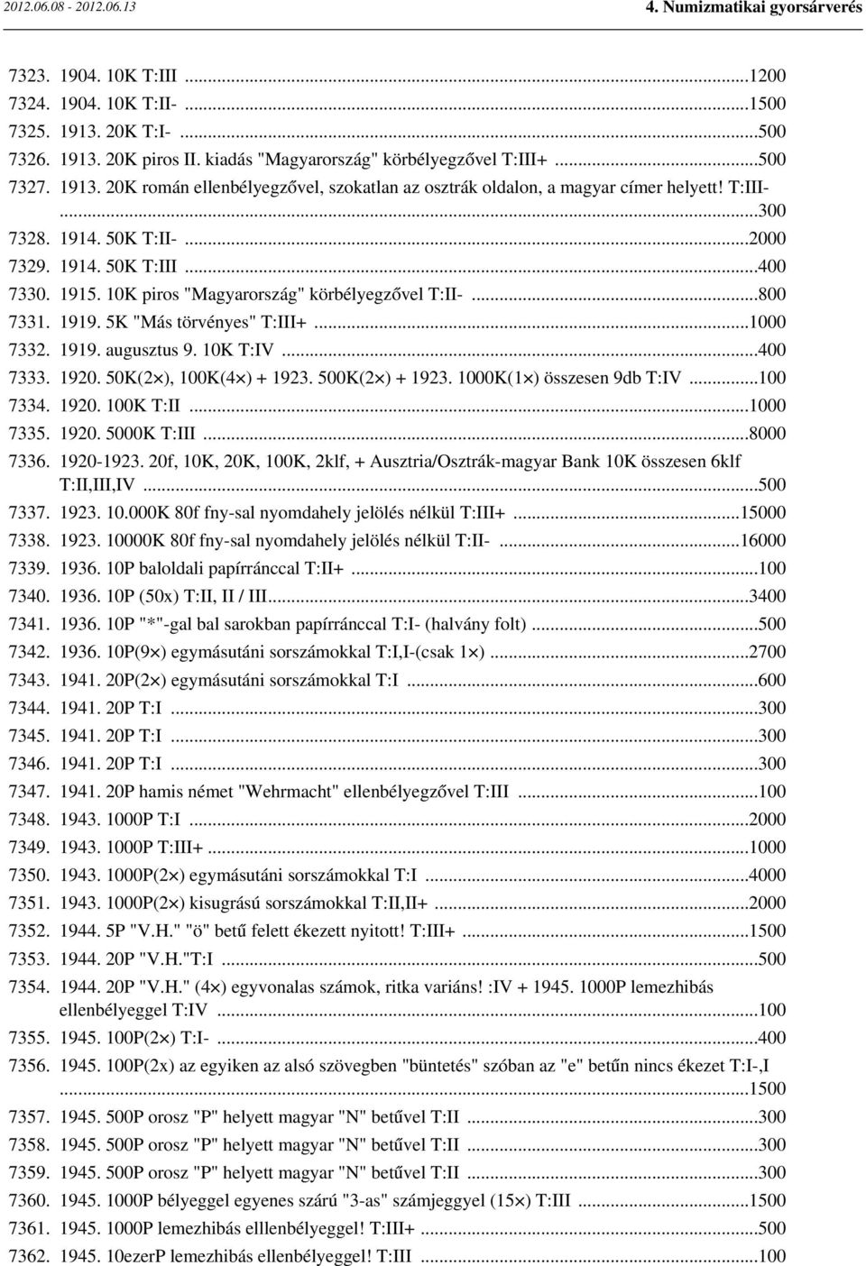 10K T:IV...400 7333. 1920. 50K(2 ), 100K(4 ) + 1923. 500K(2 ) + 1923. 1000K(1 ) összesen 9db T:IV...100 7334. 1920. 100K T:II...1000 7335. 1920. 5000K T:III...8000 7336. 1920-1923.