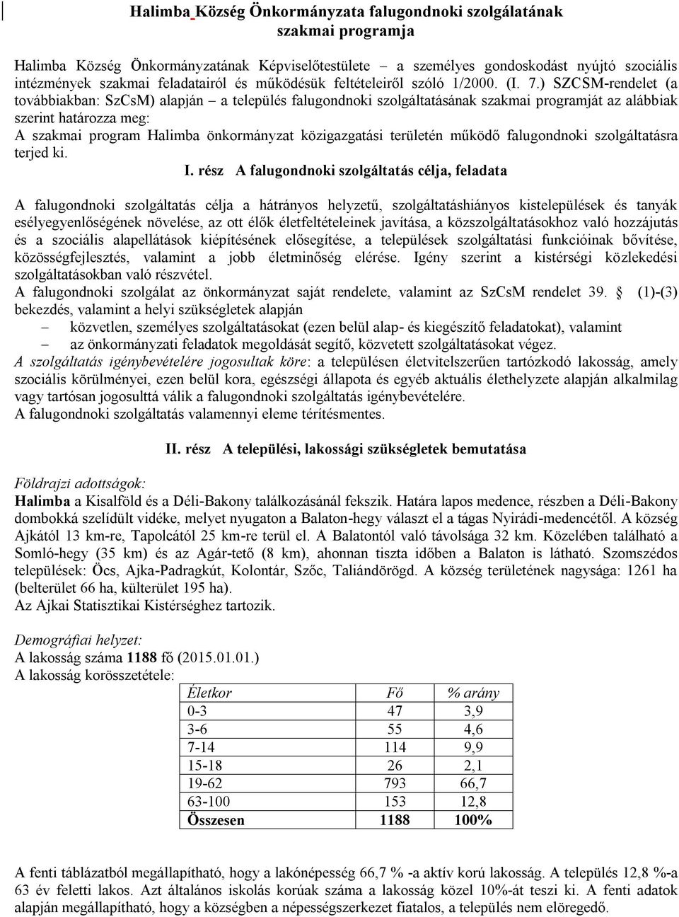 ) SZCSM-rendelet (a továbbiakban: SzCsM) alapján a település falugondnoki szolgáltatásának szakmai programját az alábbiak szerint határozza meg: A szakmai program Halimba önkormányzat közigazgatási