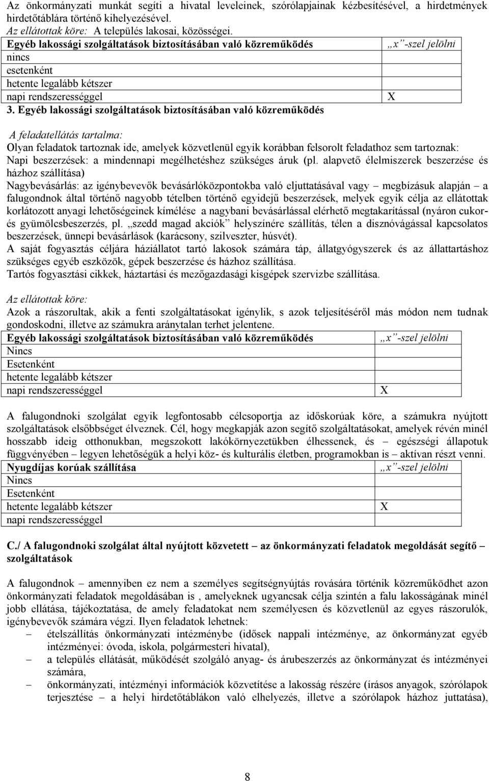 Egyéb lakossági szolgáltatások biztosításában való közreműködés A feladatellátás tartalma: Olyan feladatok tartoznak ide, amelyek közvetlenül egyik korábban felsorolt feladathoz sem tartoznak: Napi
