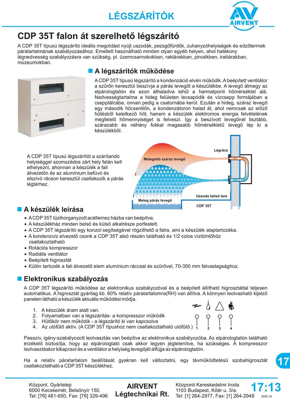 légszárítók mûködése DP 35T típusú légszárító a kondenzáció elvén mûködik. beépített ventilátor a szûrõn keresztül beszívja a párás levegõt a készülékbe.