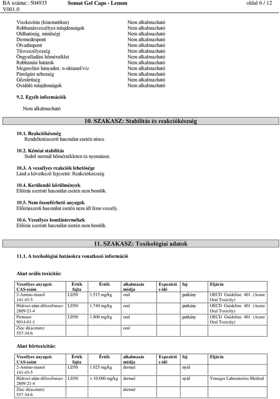 10.2. Kémiai stabilitás Stabil normál hőmérsékleten és nyomáson. 10.3. A veszélyes reakciók lehetősége Lásd a következő fejezetet: Reakciókészség 10.4.