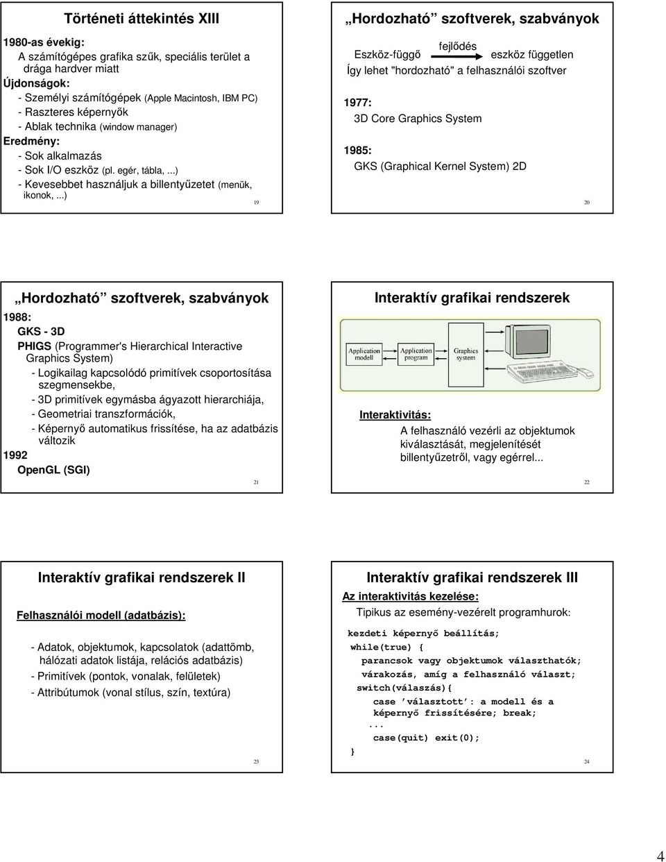 ..) 9 fejlőés Eskö-függő eskö független Íg lehet "horoható" a felhasnálói softver 977: 3D Core Graphics Sstem 985: GKS (Graphical Kernel Sstem) 2D 2 Horoható softverek, sabvánok 988: GKS - 3D PHIGS