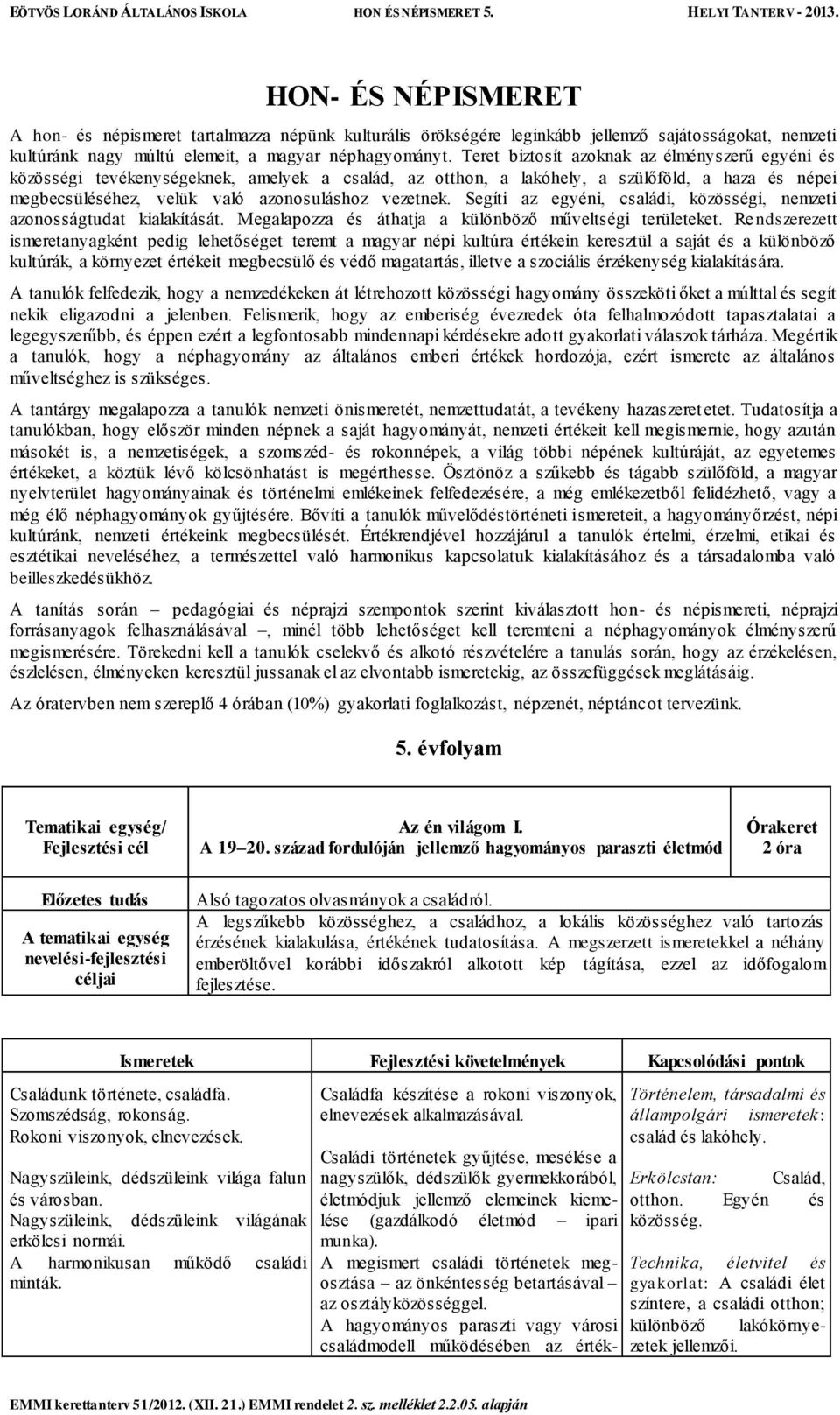 Segíti az egyéni, családi, közösségi, nemzeti azonosságtudat kialakítását. Megalapozza és áthatja a különböző műveltségi területeket.