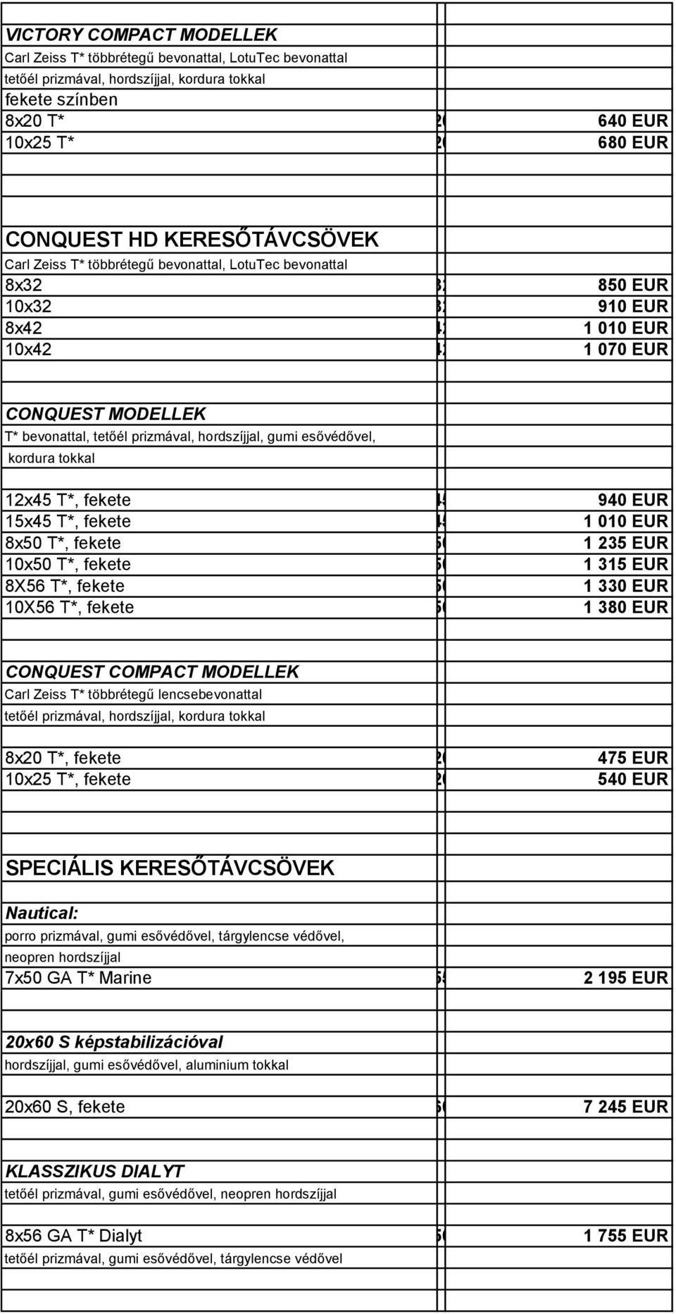 bevonattal, tetőél prizmával, hordszíjjal, gumi esővédővel, kordura tokkal 12x45 T*, fekete 52 45 12 940 EUR 15x45 T*, fekete 52 45 15 1 010 EUR 8x50 T*, fekete 52 50 08 1 235 EUR 10x50 T*, fekete 52