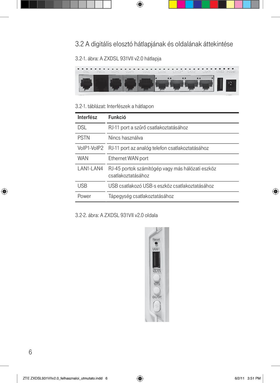 táblázat: Interfészek a hátlapon Interfész DSL PSTN VoIP1-VoIP2 WAN LAN1-LAN4 USB Power Funkció RJ-11 port a szűrő csatlakoztatásához Nincs