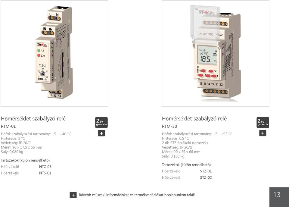 tartomány: +5 - +95 C Histeresis: 0,5 C 2 db STZ érzékelő (tartozék) Védettség: IP 20/II Méret: 90 x 35 x 66 mm Súly: 0,130 kg