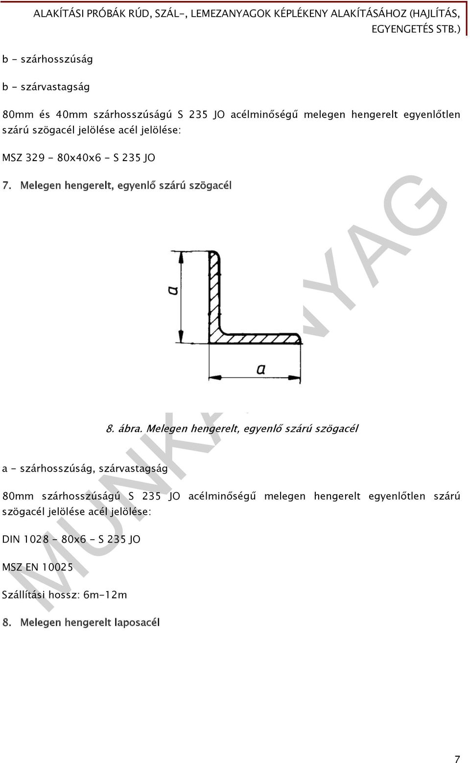 Melegen hengerelt, egyenlő szárú szögacél a - szárhosszúság, szárvastagság 8. ábra.