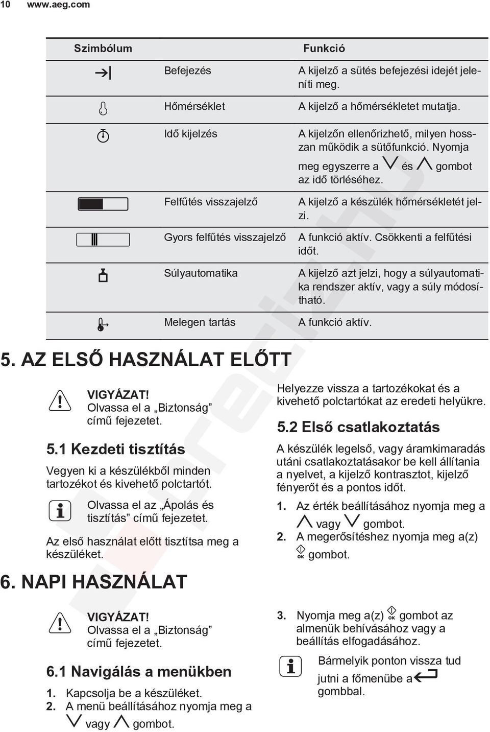 Olvassa el az Ápolás és tisztítás című fejezetet. Az első használat előtt tisztítsa meg a készüléket. 6. NAPI HASZNÁLAT A kijelzőn ellenőrizhető, milyen hosszan működik a sütőfunkció.