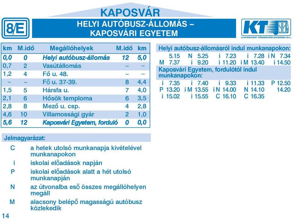 23 i 7.28 i N 7.34 M 7.37 i 9.20 i 11.20 i M 13.40 i 14.50 Kaposvári Egyetem, fordulótól indul munkanapokon: i 7.35 i 7.40 i 9.33 i 11.33 P 12.50 P 13.20 i M 13.55 i N 14.00 N 14.10 14.20 i 15.