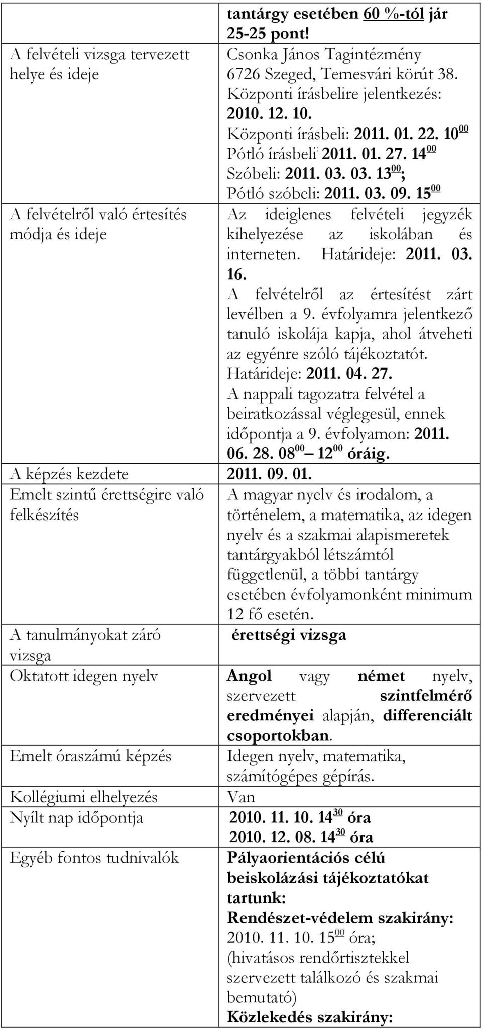 15 00 A felvételről való értesítés Az ideiglenes felvételi jegyzék módja és ideje kihelyezése az iskolában és interneten. Határideje: 2011. 03. 16. A felvételről az értesítést zárt levélben a 9.