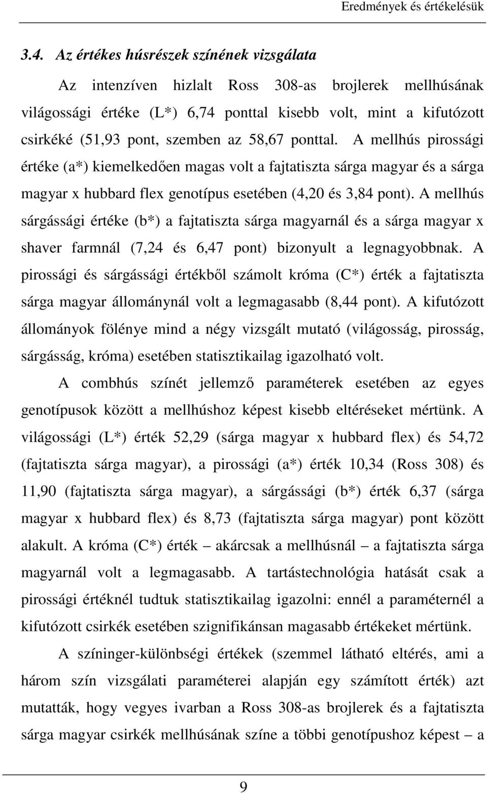 58,67 ponttal. A mellhús pirossági értéke (a*) kiemelkedıen magas volt a fajtatiszta sárga magyar és a sárga magyar x hubbard flex genotípus esetében (4,20 és 3,84 pont).