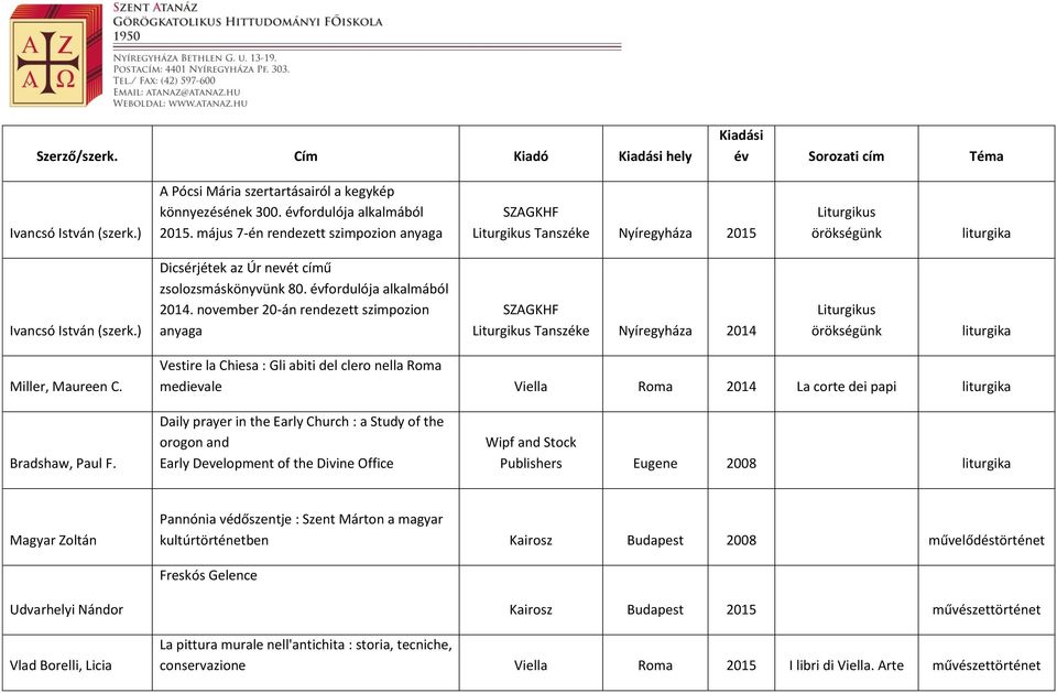 évfordulója alkalmából 2014. november 20-án rendezett szimpozion anyaga SZAGKHF Liturgikus Tanszéke Nyíregyháza 2014 Liturgikus örökségünk liturgika Miller, Maureen C.