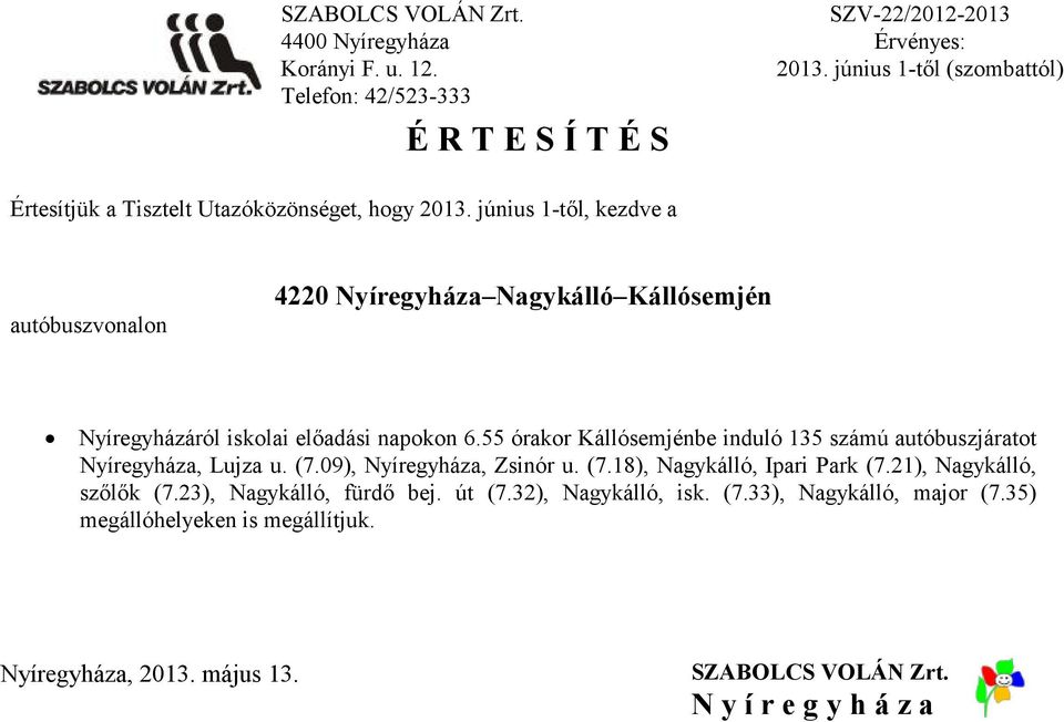 09), Nyíregyháza, Zsinór u. (7.18), Nagykálló, Ipari Park (7.21), Nagykálló, szőlők (7.