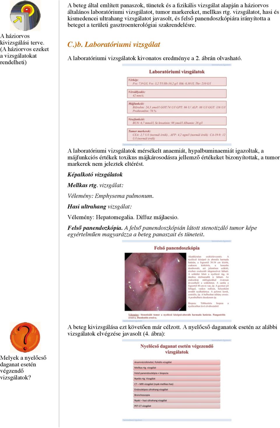 rtg. vizsgálatot, hasi és kismedencei ultrahang vizsgálatot javasolt, és felső panendoszkópiára irányította a beteget a területi gasztroenterológiai szakrendelésre. C.)b.