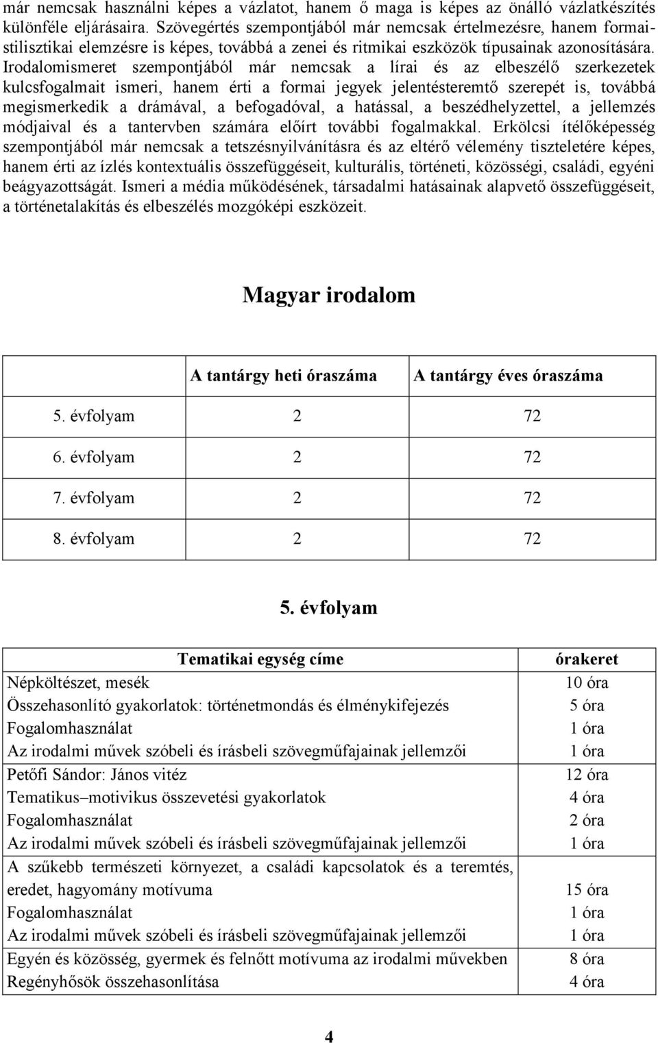 Irodalomismeret szempontjából már nemcsak a lírai és az elbeszélő szerkezetek kulcsfogalmait ismeri, hanem érti a formai jegyek jelentésteremtő szerepét is, továbbá megismerkedik a drámával, a