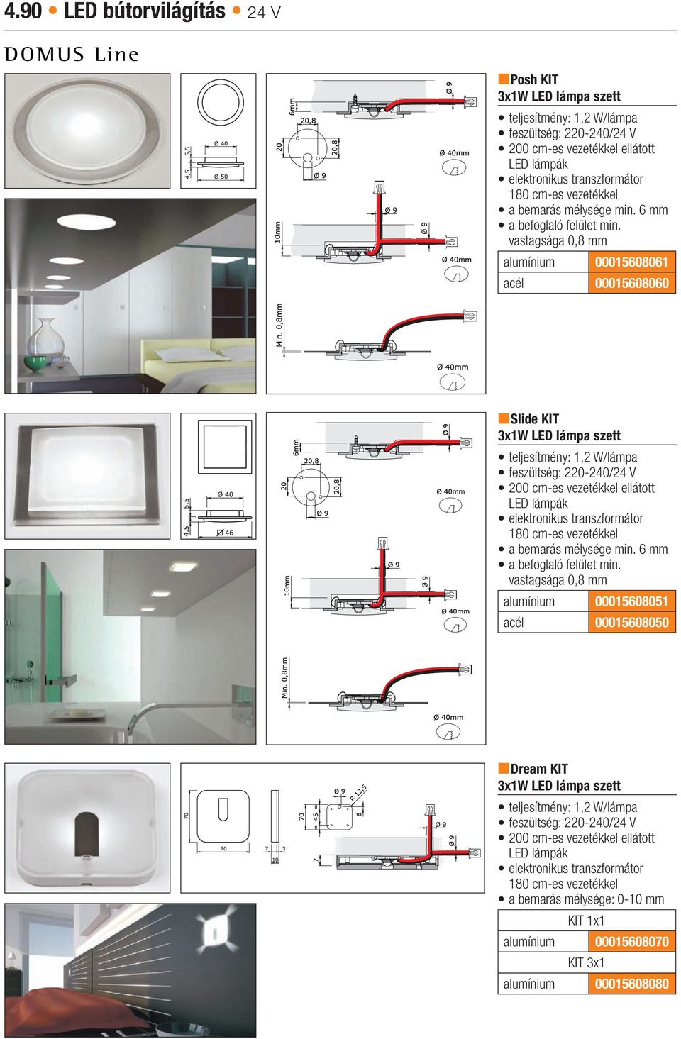 vastagsága 0,8 mm alumínium 00015608061 acél 00015608060 nslide KIT 3x1W LED lámpa szett teljesítmény: 1,2 W/lámpa a bemarás