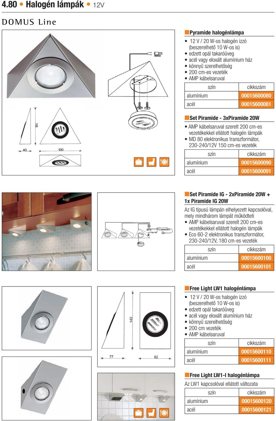 alumínium 00015600090 acél 00015600091 Set Piramide IG - 2xPiramide 20W + 1x Piramide IG 20W Az IG típusú lámpán elhelyezett kapcsolóval, mely mindhárom lámpát működteti AMP kábelsaruval szerelt 200