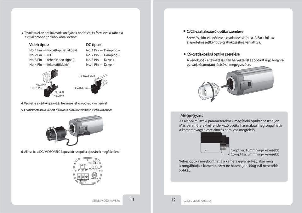 4 Pin --- Drive - C/CS-csatlakozású optika szerelése Szerelés előtt ellenőrizze a csatlakozási típust. A Back fókusz alapértelmezettként CS-csatlakozáshoz van állítva.