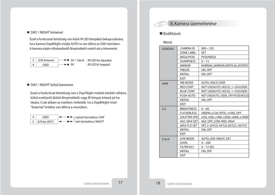 3 D/N kimenet 4 GND DAY / NIGHT külső bemenet 4 5 GND D/N be (EXT) 5V / 10mA 0V : IR LED be (éjszaka) : IR LED ki (nappal) Ezzel a funkcióval lehetőség van a Day/Night módok közötti váltásra külső