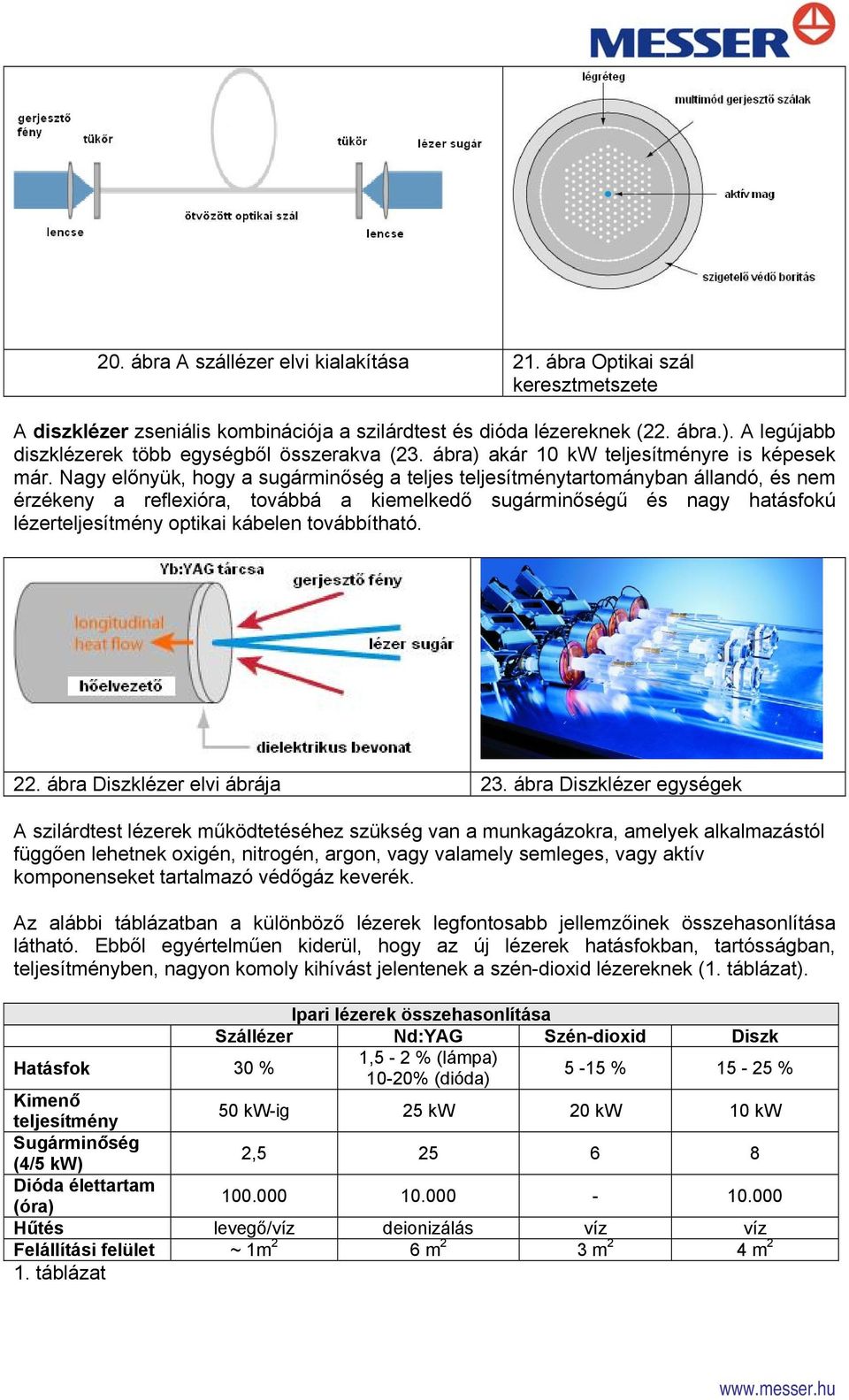 Nagy előnyük, hogy a sugárminőség a teljes teljesítménytartományban állandó, és nem érzékeny a reflexióra, továbbá a kiemelkedő sugárminőségű és nagy hatásfokú lézerteljesítmény optikai kábelen