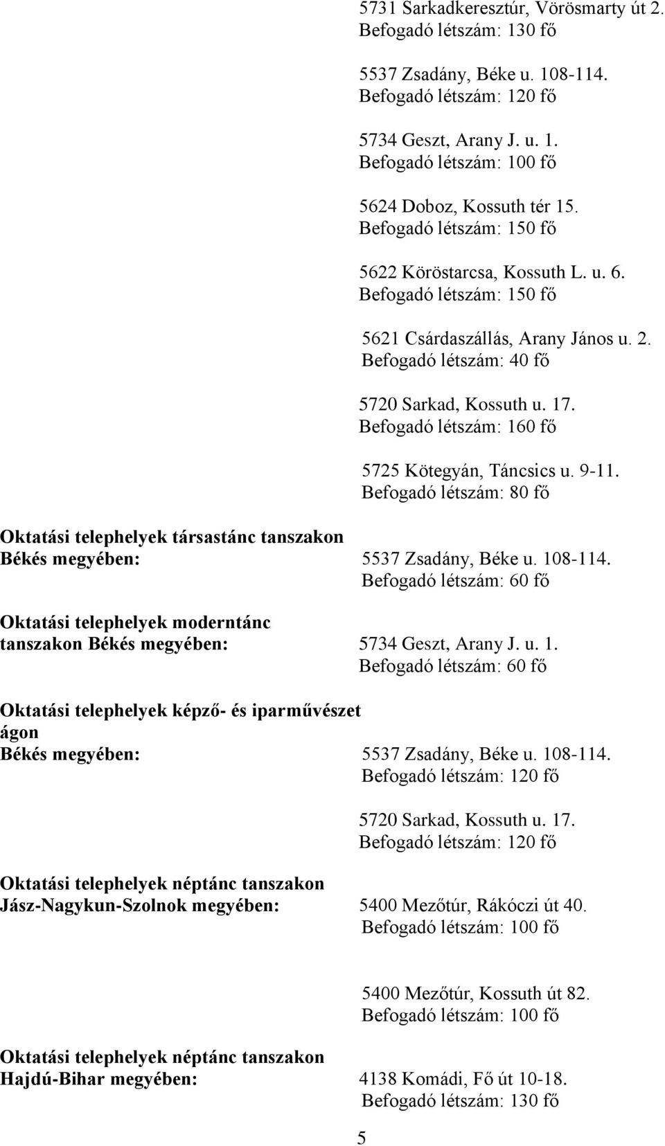 Befogadó létszám: 160 fő 5725 Kötegyán, Táncsics u. 9-11. Befogadó létszám: 80 fő Oktatási telephelyek társastánc tanszakon Békés megyében: 5537 Zsadány, Béke u. 108-114.