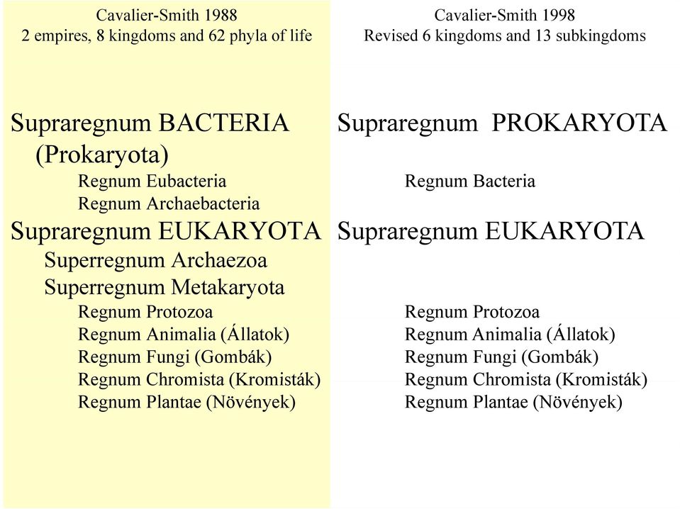 Regnum Animalia (Állatok) Regnum Fungi (Gombák) Regnum Chromista (Kromisták) Regnum Plantae (Növények) Supraregnum PROKARYOTA Regnum Bacteria