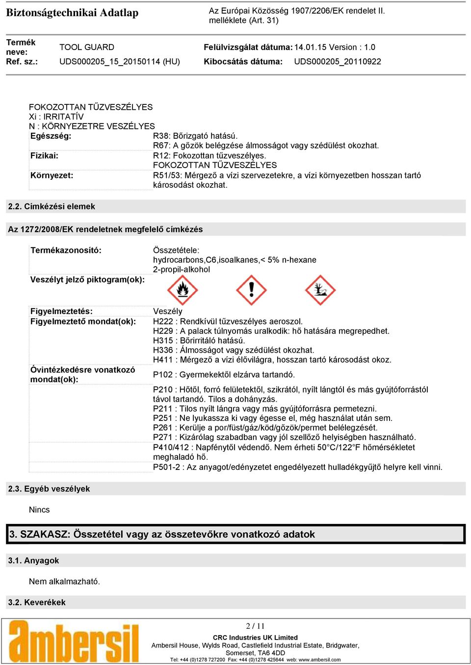 2. Címkézési elemek Az 1272/2008/EK rendeletnek megfelelő címkézés azonosító: Veszélyt jelző piktogram(ok): Összetétele: hydrocarbons,c6,isoalkanes,< 5% n-hexane 2-propil-alkohol Figyelmeztetés: