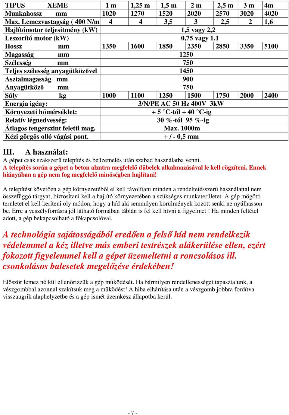 mm 750 Teljes szélesség anyagütközővel mm 1450 Asztalmagasság mm 900 Anyagütköző mm 750 Súly kg 1000 1100 1250 1500 1750 2000 2400 Energia igény: 3/N/PE AC 50 Hz 400V 3kW Környezeti hőmérséklet: + 5