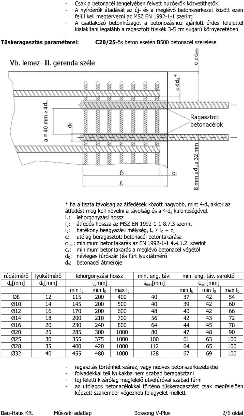 - Tüskeragasztás paraméterei: C20/25-ös beton esetén B500 betonacél szerelése * ha a tiszta távolság az átfedések között nagyobb, mint 4 d s akkor az átfedést meg kell növelni a távolság és a 4 d s