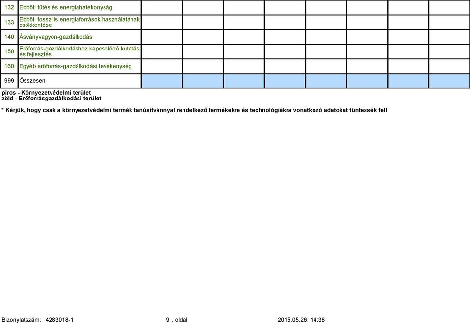 Összesen piros - Környezetvédelmi terület zöld - Erőforrásgazdálkodási terület * Kérjük, hogy csak a környezetvédelmi termék