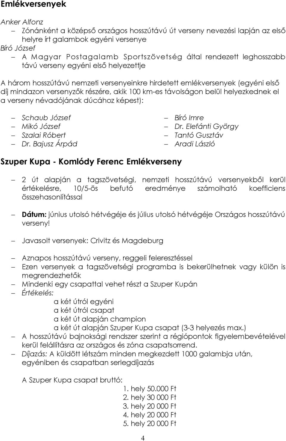 belül helyezkednek el a verseny névadójának dúcához képest): Schaub József Mikó József Szalai Róbert Dr. Bajusz Árpád Bíró Imre Dr.