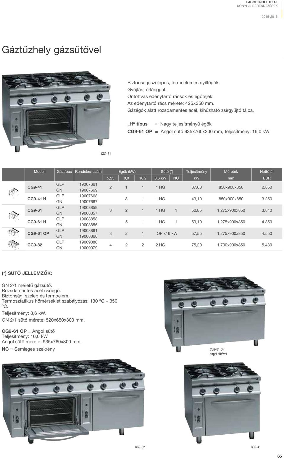 H típus = Nagy teljesítményű égők CG9-61 OP = Angol sütő 935x760x300 mm, teljesítmény: 16,0 kw CG9-61 Modell Gáztípus Rendelési szám Égők (kw) Sütő (*) Teljesítmény Méretek Nettó ár 5,25 8,0 10,2 8,6