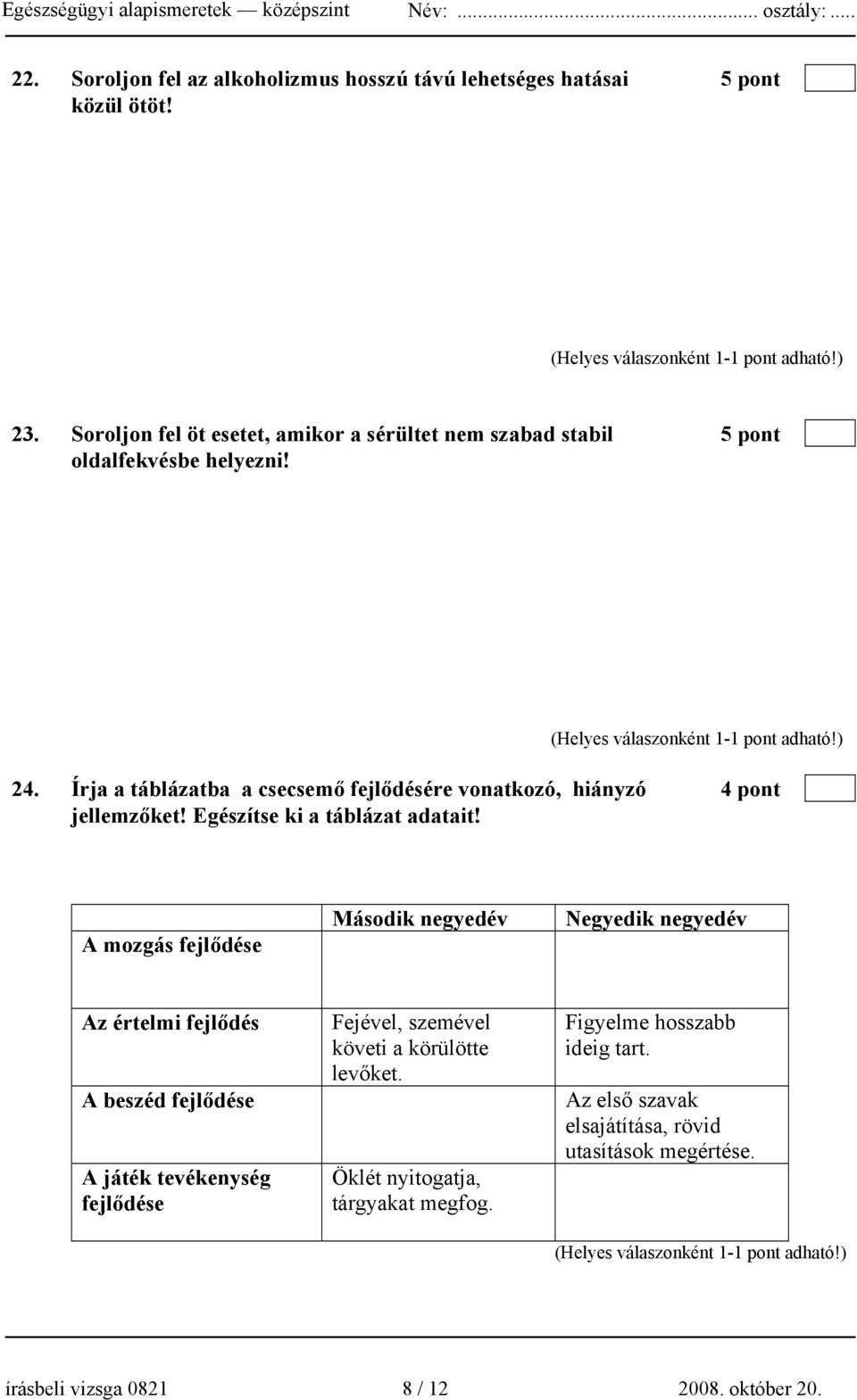 Írja a táblázatba a csecsemő fejlődésére vonatkozó, hiányzó 4 pont jellemzőket! Egészítse ki a táblázat adatait!