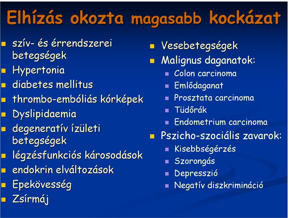 elváltozások Epekövesség Zsírmáj Vesebetegségek Malignus daganatok: Colon carcinoma Emlődaganat Prosztata