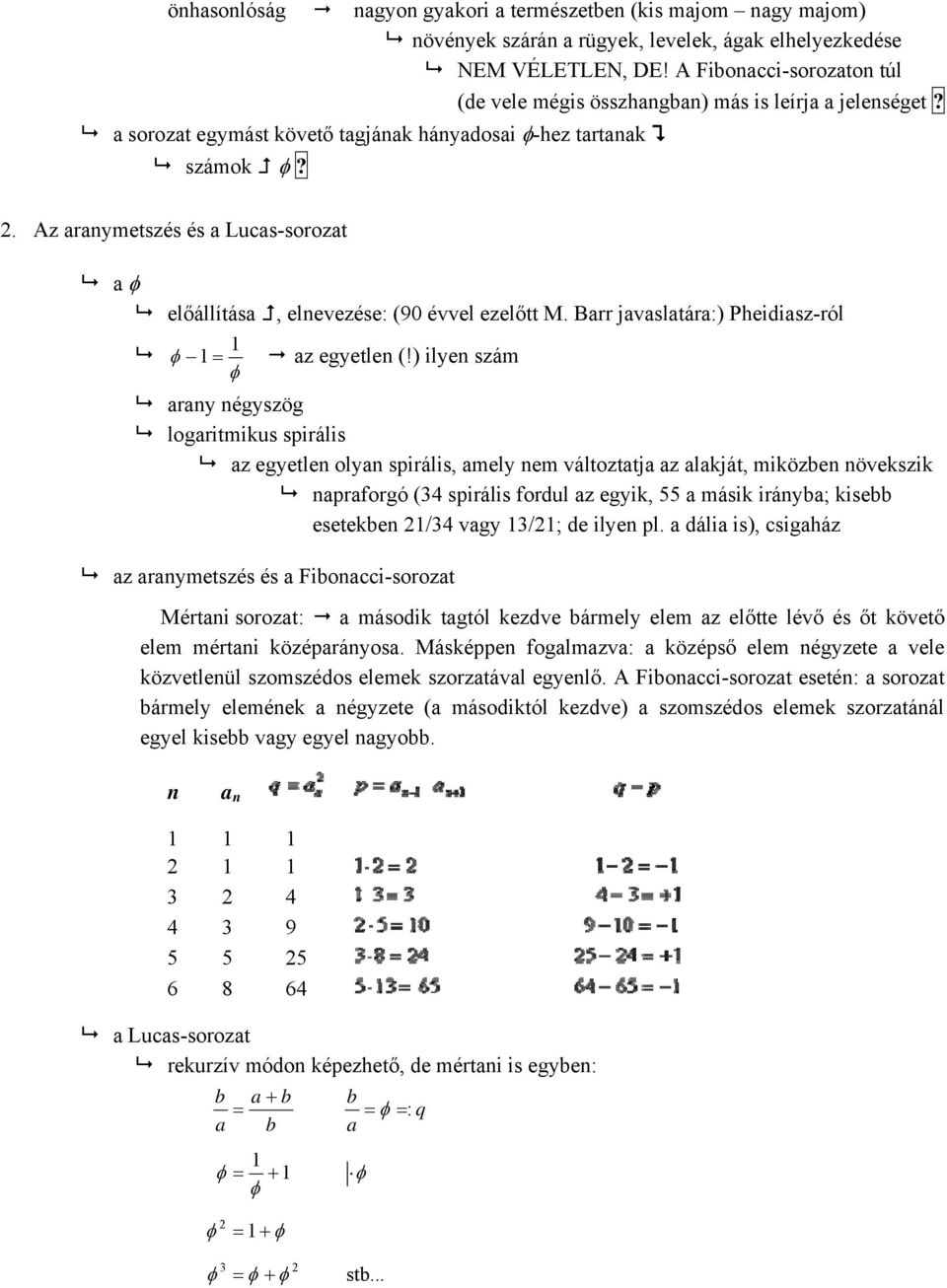 . Az aranymetszés és a Lucas-sorozat a φ előállítása, elnevezése: (90 évvel ezelőtt M. Barr javaslatára:) Pheidiasz-ról φ = az egyetlen (!
