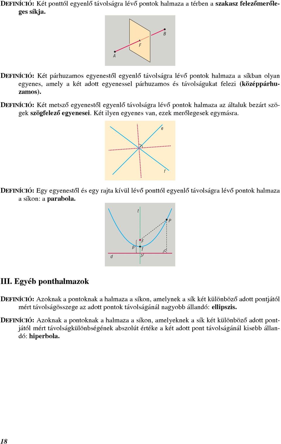 DEFINÍCIÓ: Két metszõ egyenestõl egyenlõ távolságr lévõ pontok hlmz z áltluk ezárt szögek szögfelezõ egyenesei. Két ilyen egyenes vn, ezek merõlegesek egymásr.