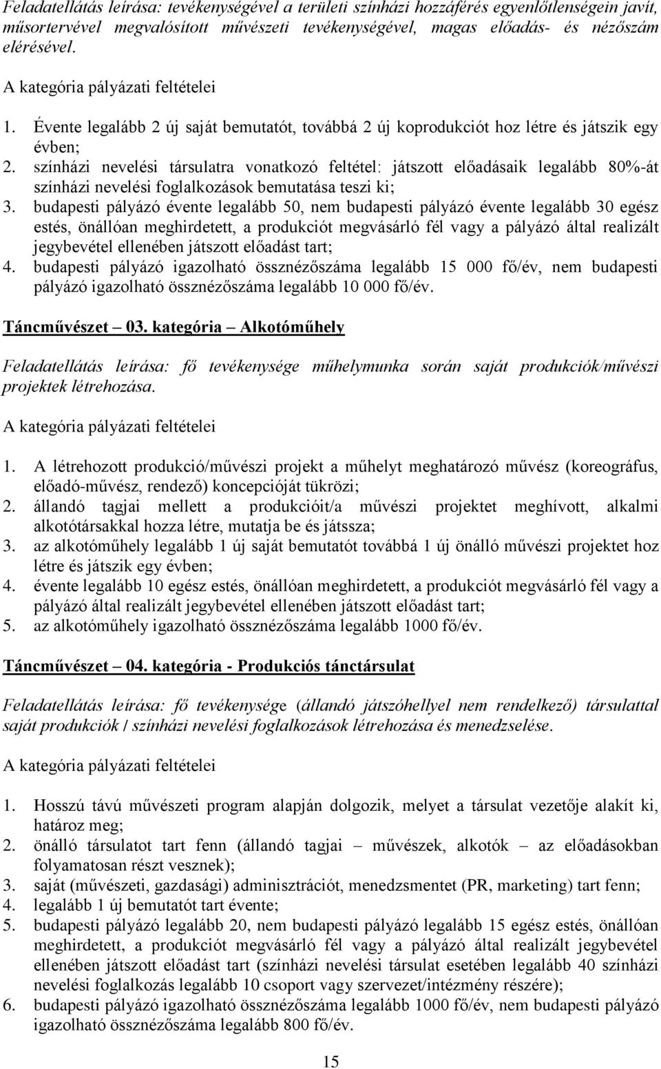 színházi nevelési társulatra vonatkozó feltétel: játszott előadásaik legalább 80%-át színházi nevelési foglalkozások bemutatása teszi ki; 3.