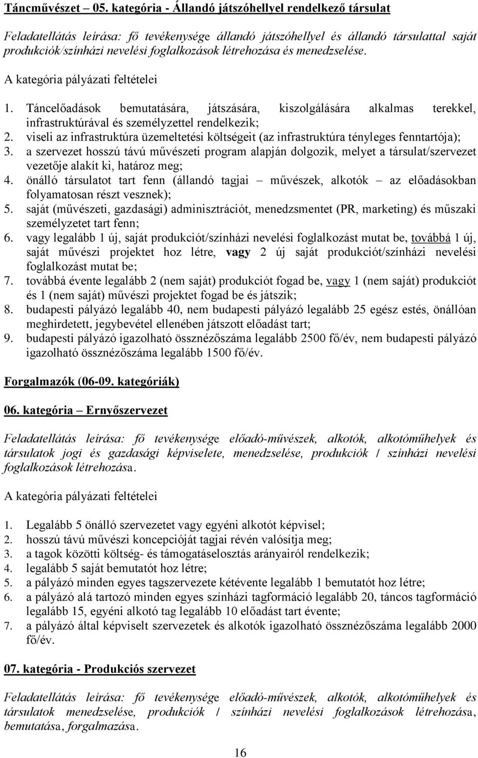 és menedzselése. A kategória pályázati feltételei 1. Táncelőadások bemutatására, játszására, kiszolgálására alkalmas terekkel, infrastruktúrával és személyzettel rendelkezik; 2.
