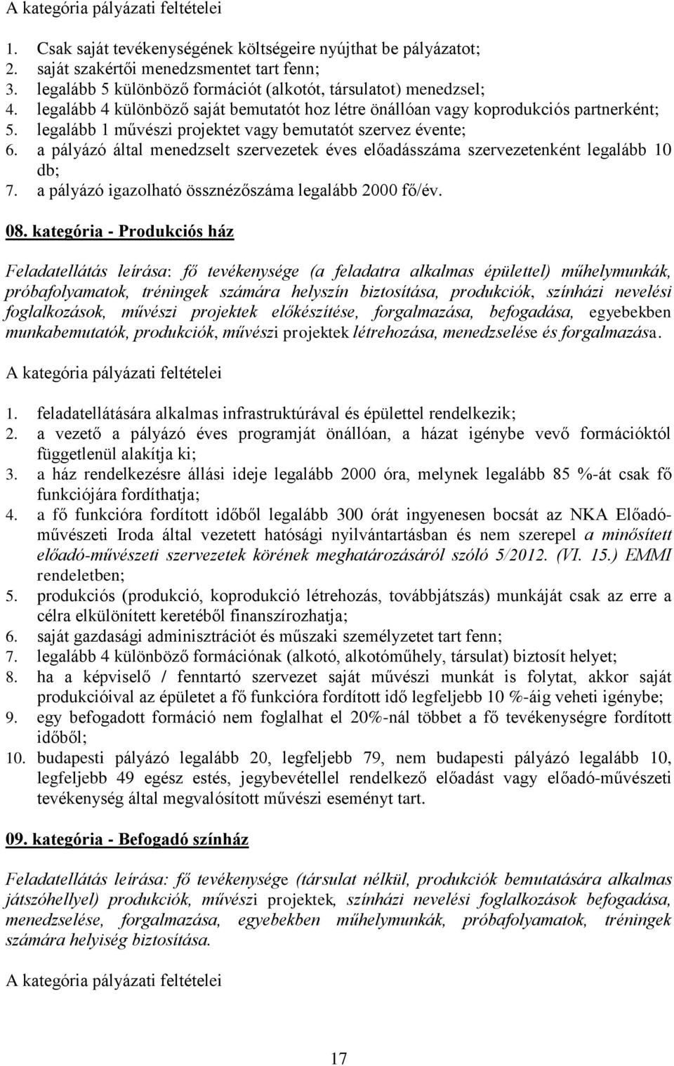 legalább 1 művészi projektet vagy bemutatót szervez évente; 6. a pályázó által menedzselt szervezetek éves előadásszáma szervezetenként legalább 10 db; 7.