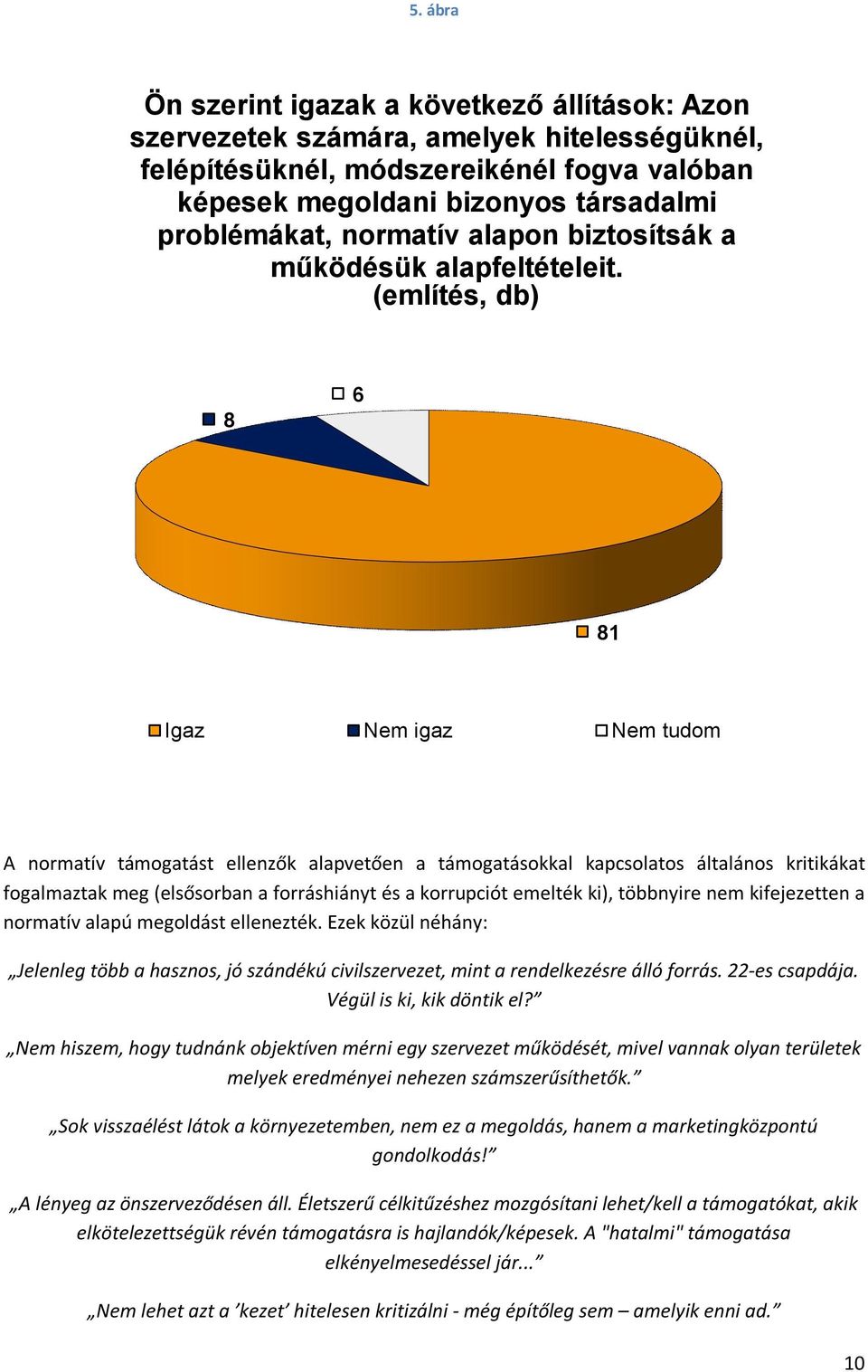 (említés, db) 8 6 81 Igaz Nem igaz Nem tudom A normatív támogatást ellenzők alapvetően a támogatásokkal kapcsolatos általános kritikákat fogalmaztak meg (elsősorban a forráshiányt és a korrupciót