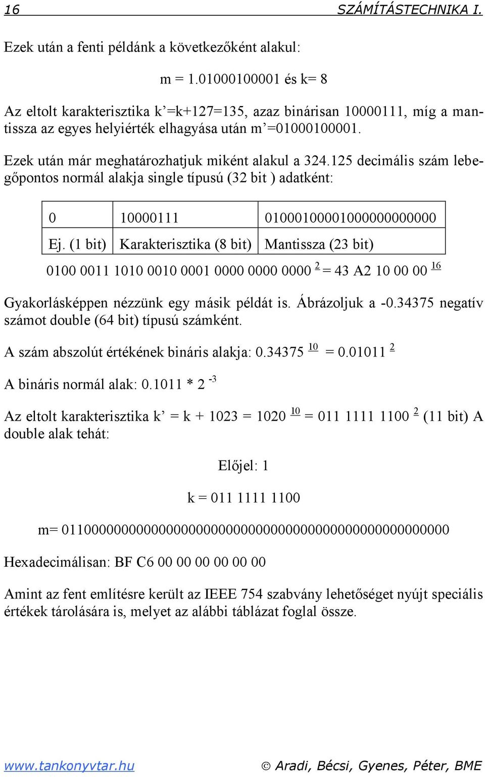 Ezek után már meghatározhatjuk miként alakul a 324.125 decimális szám lebegőpontos normál alakja single típusú (32 bit ) adatként: 0 10000111 01000100001000000000000 Ej.