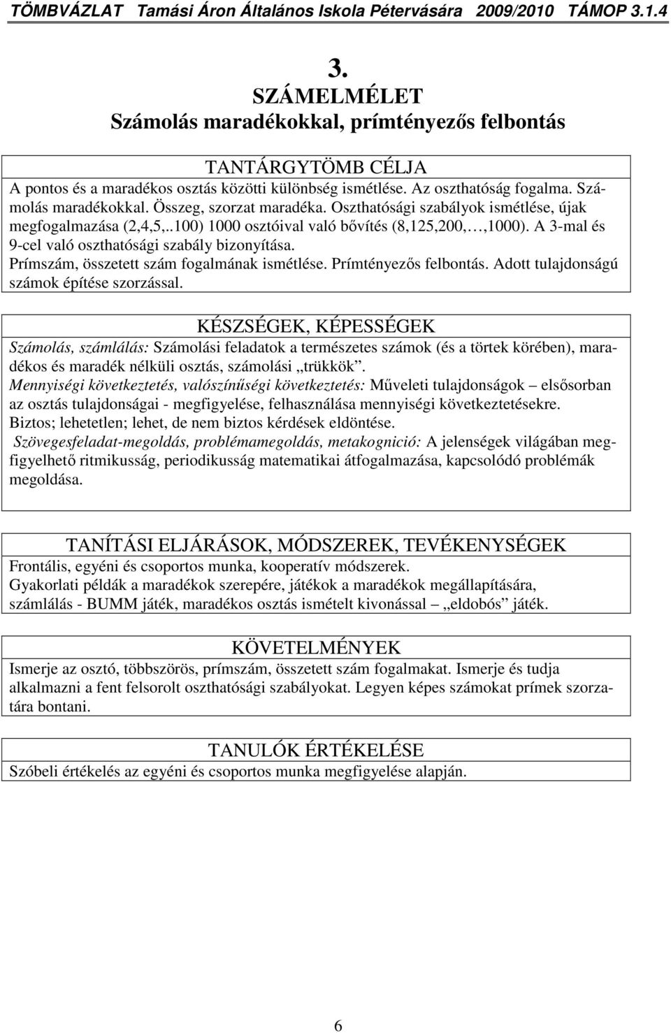 Oszthatósági szabályok ismétlése, újak megfogalmazása (2,4,5,..100) 1000 osztóival való bıvítés (8,125,200,,1000). A 3-mal és 9-cel való oszthatósági szabály bizonyítása.