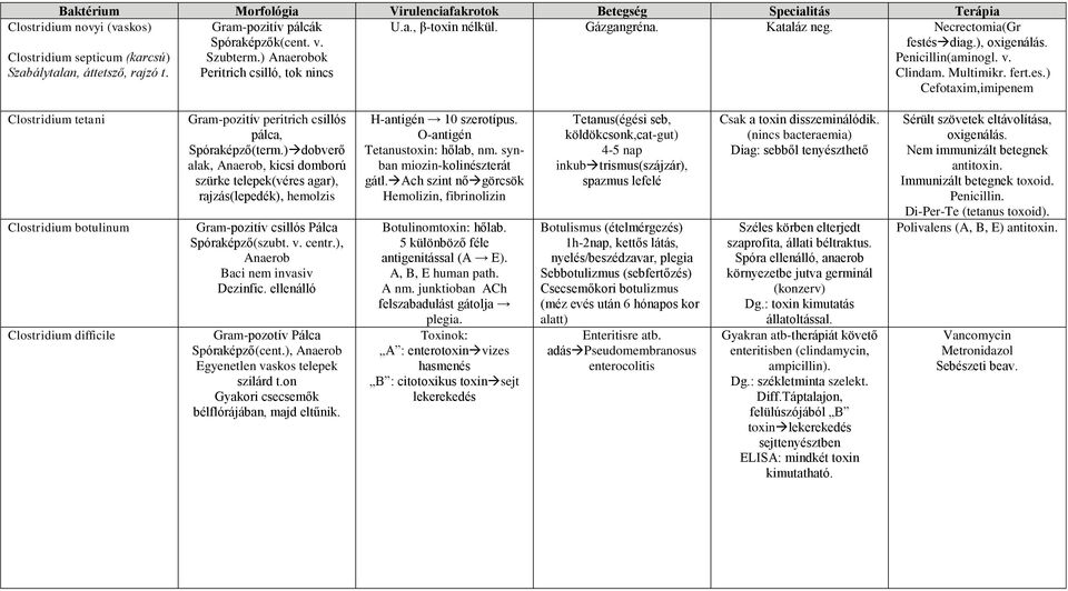 ) dobverő alak, Anaerob, kicsi domború szürke telepek(véres agar), rajzás(lepedék), hemolzis Gram-pozitív csillós Spóraképző(szubt. v. centr.), Anaerob Baci nem invasiv Dezinfic.