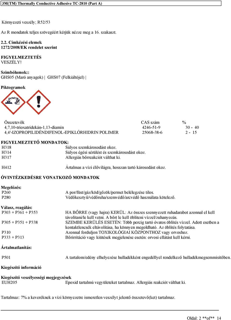 FIGYELMEZTETŐ MONDATOK: H318 Súlyos szemkárosodást okoz. H314 Súlyos égési sérülést és szemkárosodást okoz. H317 Allergiás bőrreakciót válthat ki.