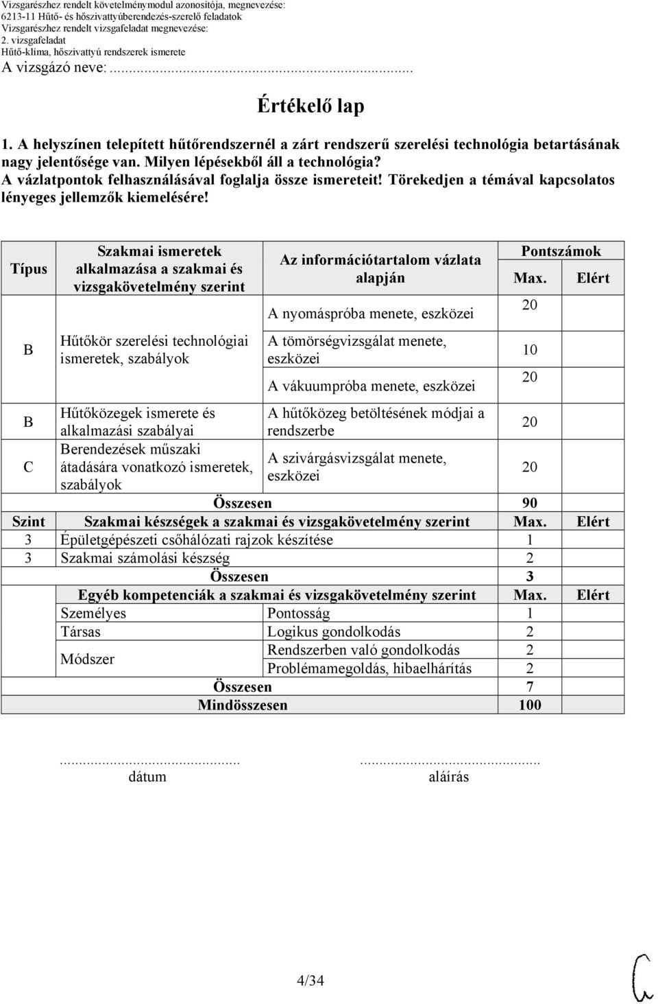 tömörségvizsgálat menete, eszközei A vákuumpróba menete, eszközei Pontszámok Max.