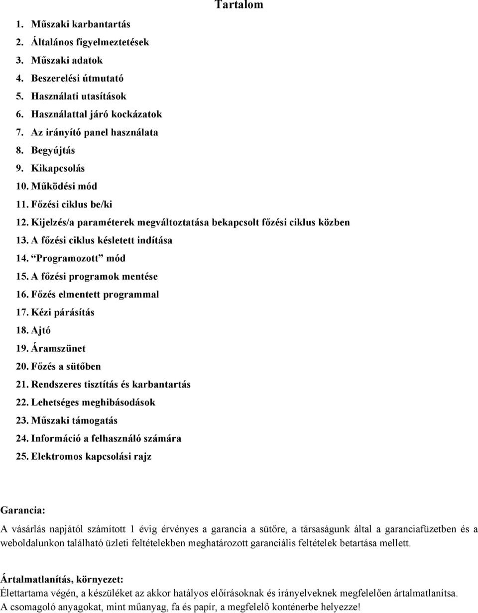 Programozott mód 15. A főzési programok mentése 16. Főzés elmentett programmal 17. Kézi párásítás 18. Ajtó 19. Áramszünet 20. Főzés a sütőben 21. Rendszeres tisztítás és karbantartás 22.